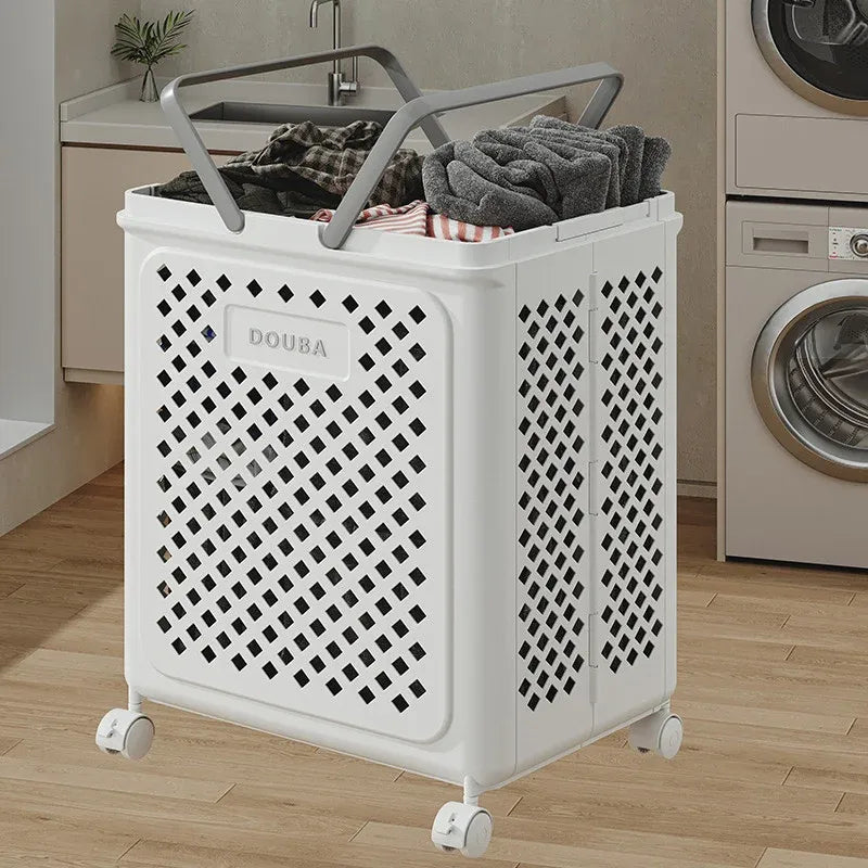 Folding Laundry Basket with Wheel Large Capacity Removable Dirty Clothes Storage - White-M