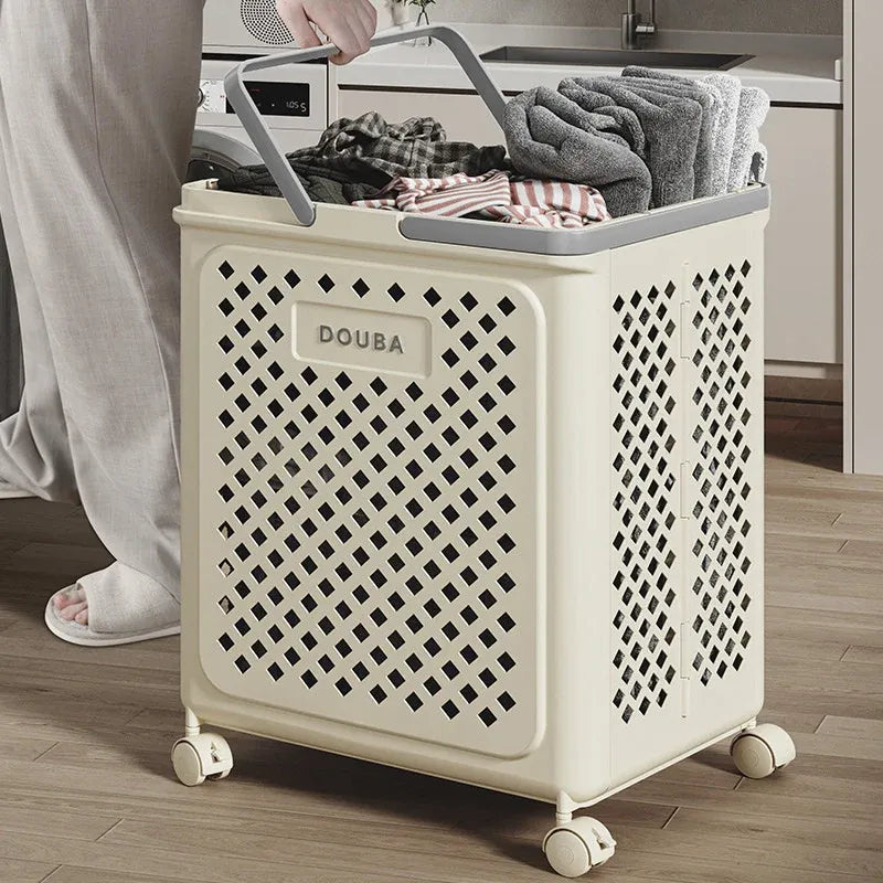Folding Laundry Basket with Wheel Large Capacity Removable Dirty Clothes Storage - White-M