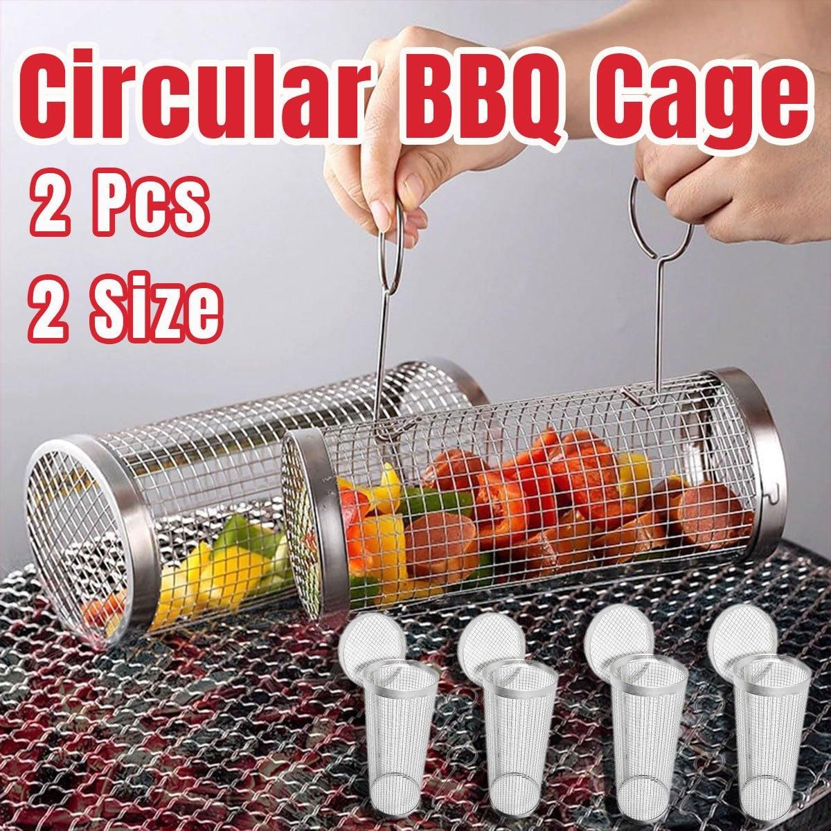 2pcs BBQ Basket Round Grill Cage Portable Rotating Net for Outdoor Cooking - Large