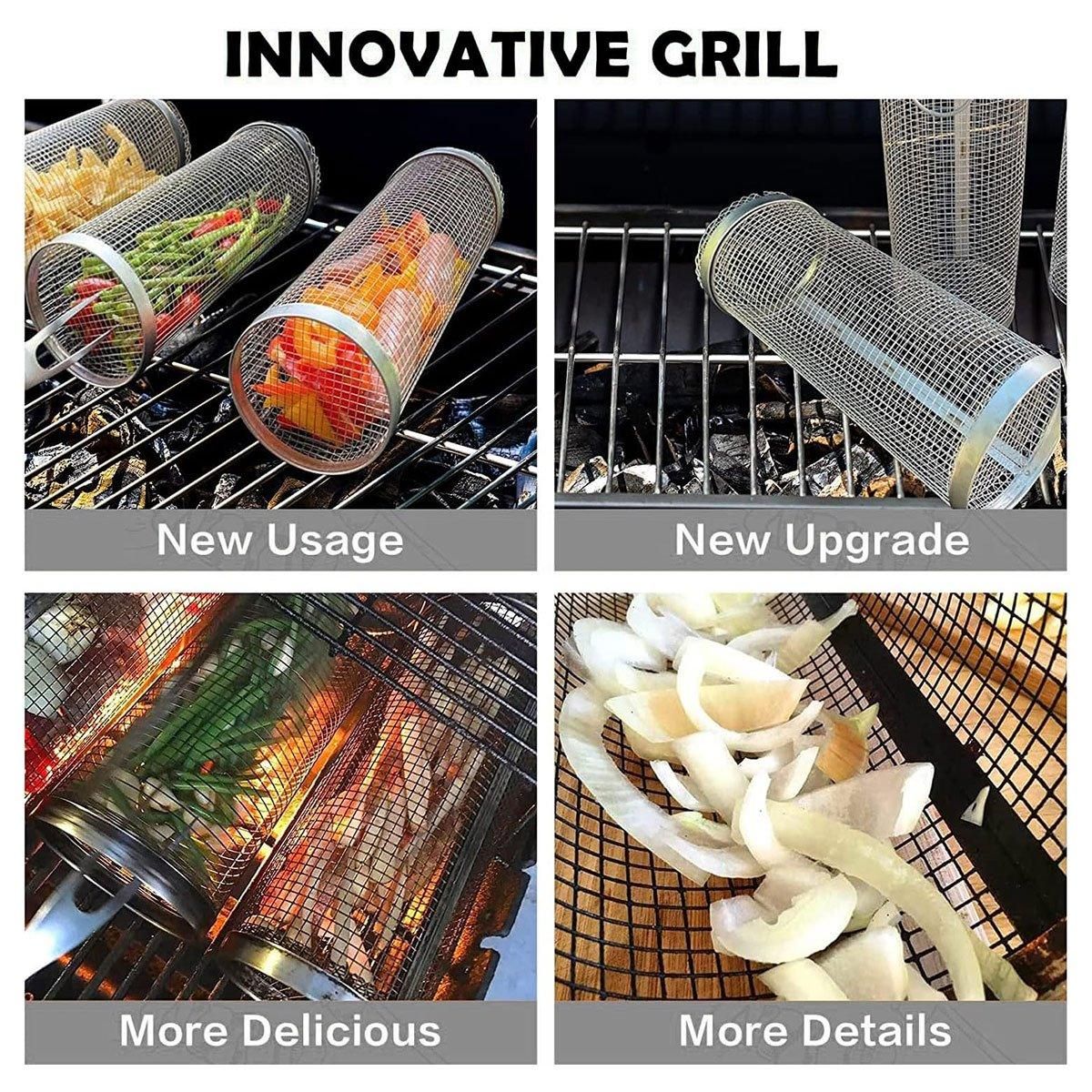 2pcs BBQ Basket Round Grill Cage Portable Rotating Net for Outdoor Cooking - Large