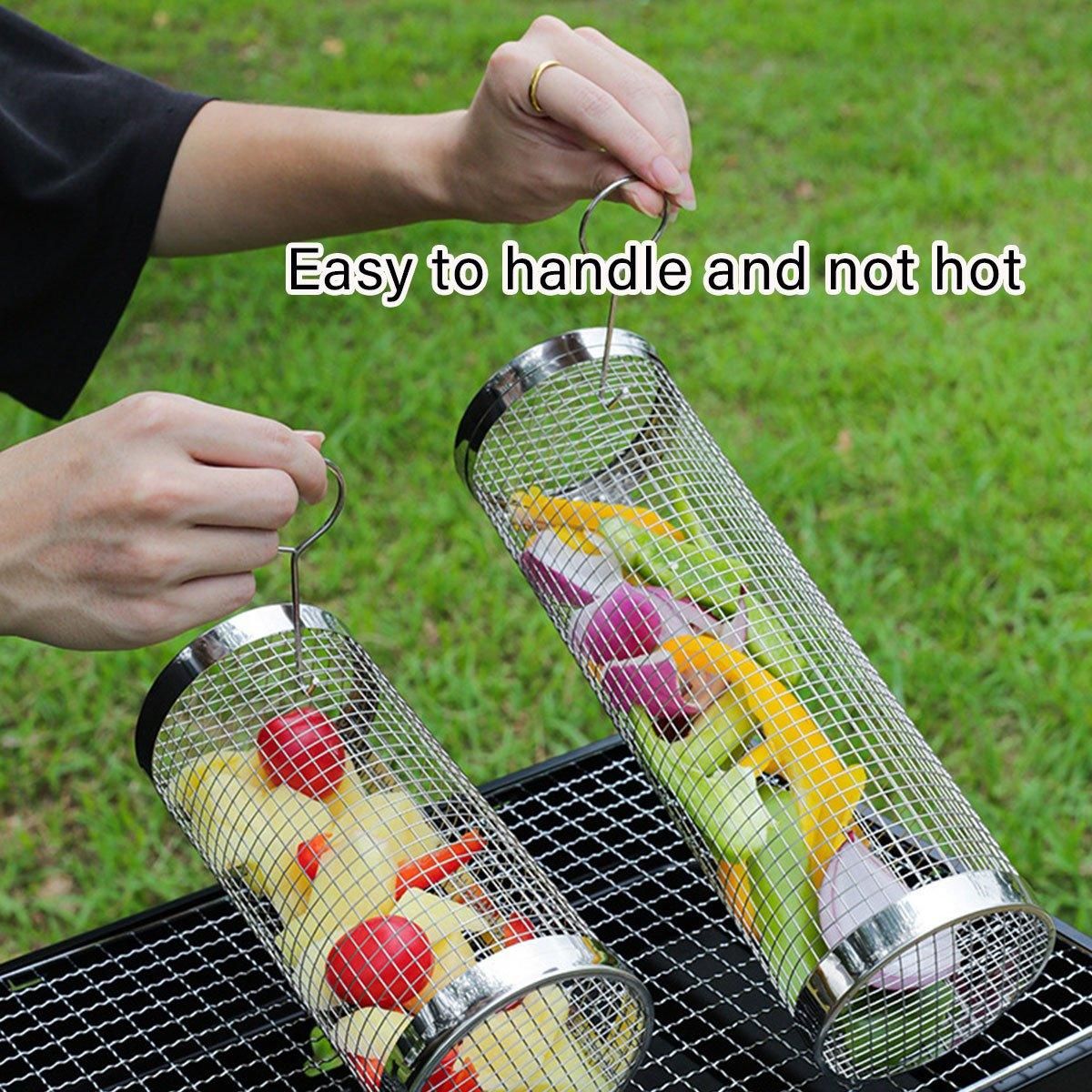 2pcs BBQ Basket Round Grill Cage Portable Rotating Net for Outdoor Cooking - Large