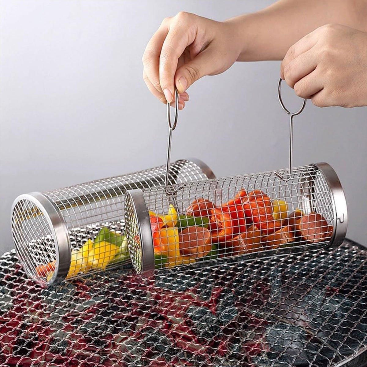 2pcs BBQ Basket Round Grill Cage Portable Rotating Net for Outdoor Cooking - Large
