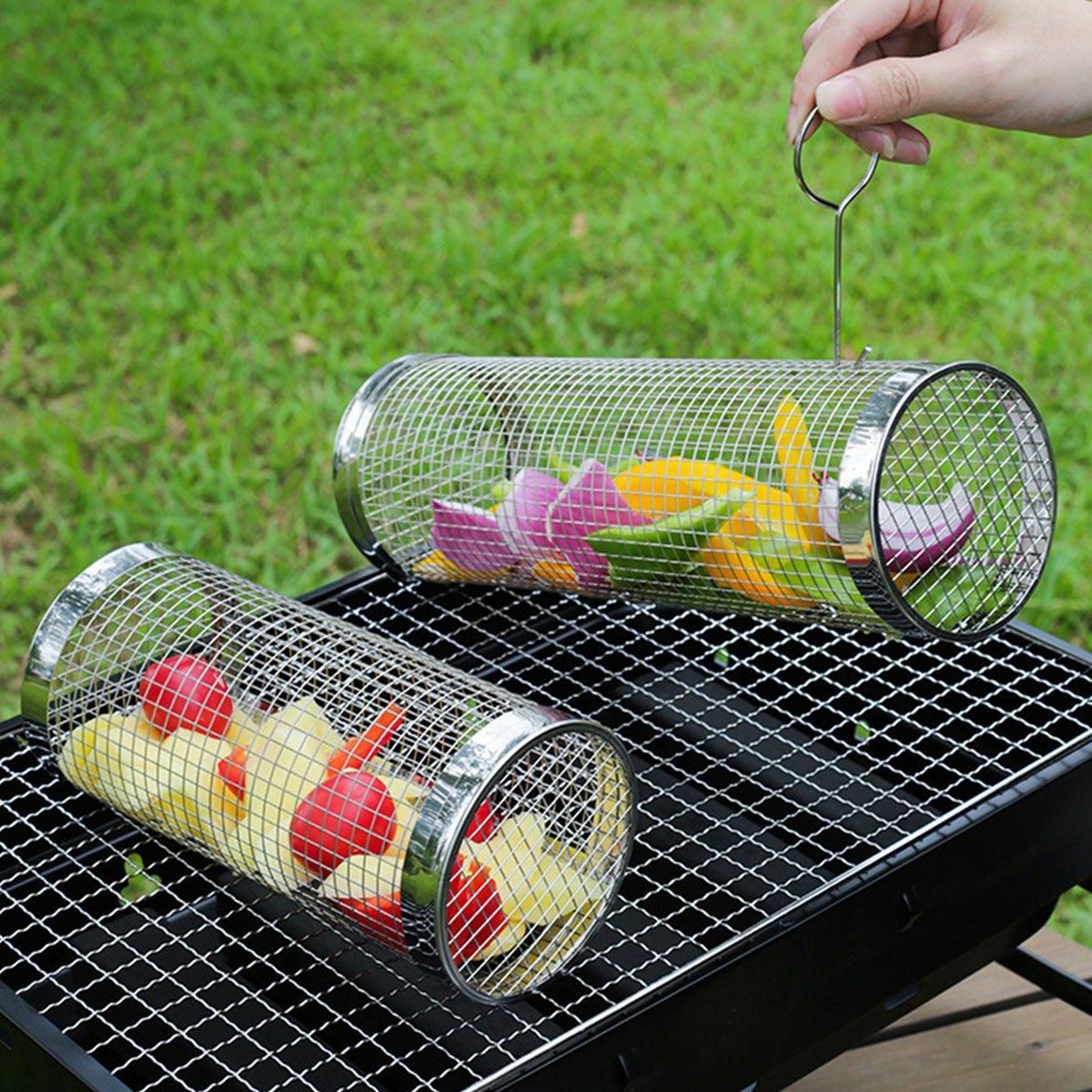 2pcs BBQ Basket Round Grill Cage Portable Rotating Net for Outdoor Cooking - Large