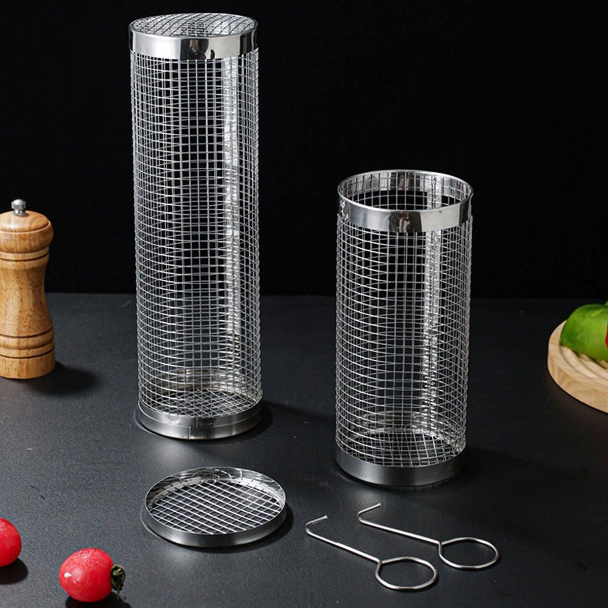 2pcs BBQ Basket Round Grill Cage Portable Rotating Net for Outdoor Cooking - Small