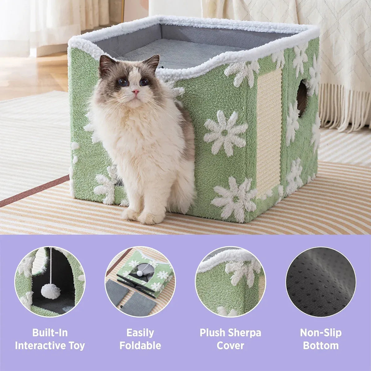 Cat Bed Foldable Double Layer Upper Lower Pet House Sleeping Nest Cushion - Green