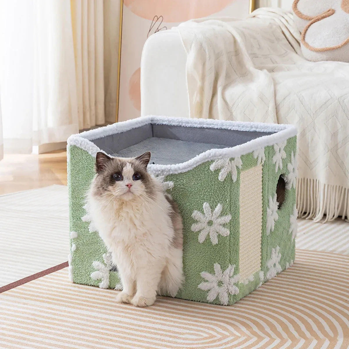 Cat Bed Foldable Double Layer Upper Lower Pet House Sleeping Nest Cushion - Green