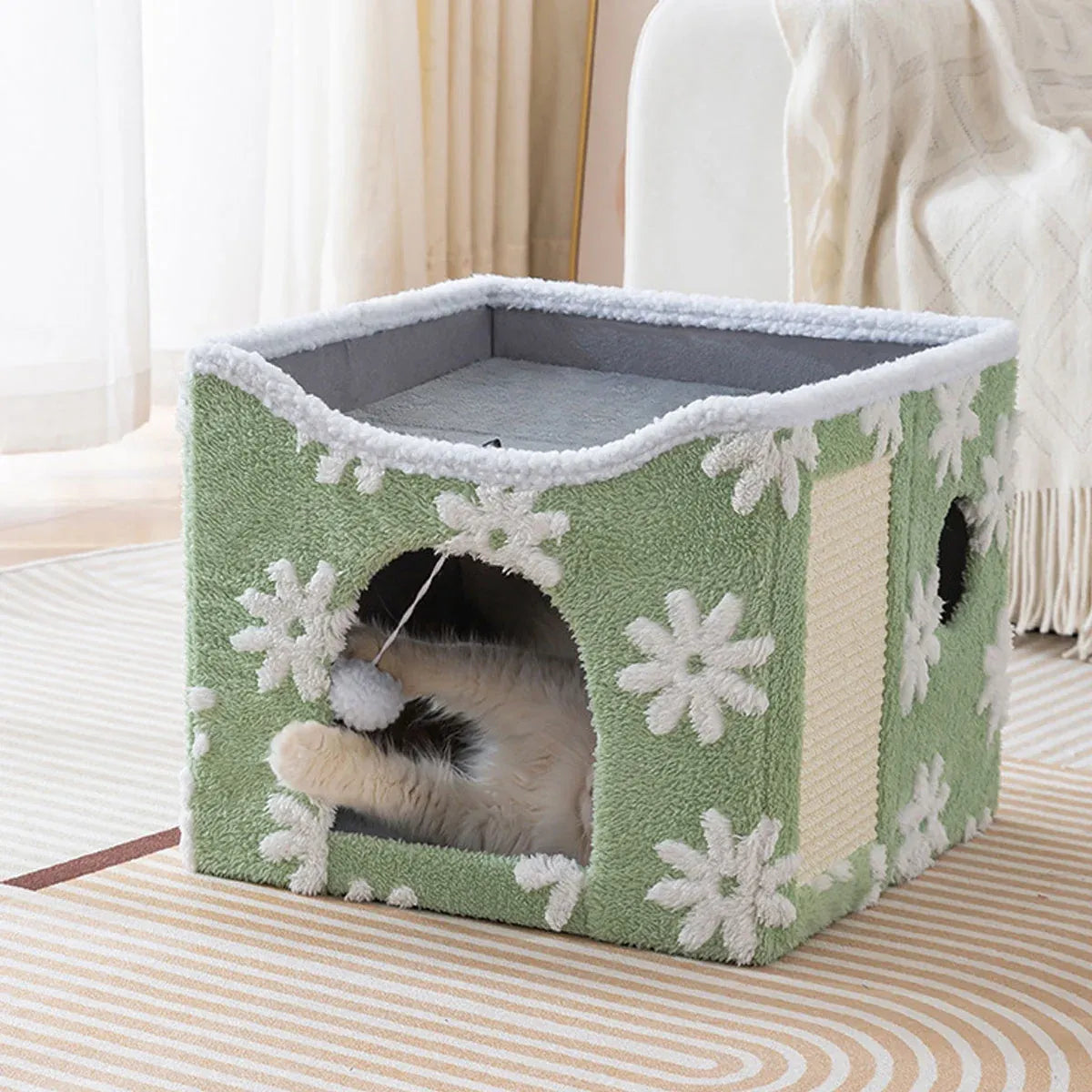 Cat Bed Foldable Double Layer Upper Lower Pet House Sleeping Nest Cushion - Green