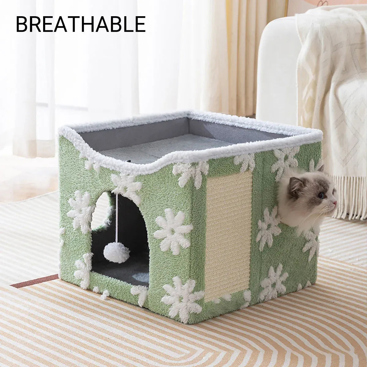 Cat Bed Foldable Double Layer Upper Lower Pet House Sleeping Nest Cushion - Green