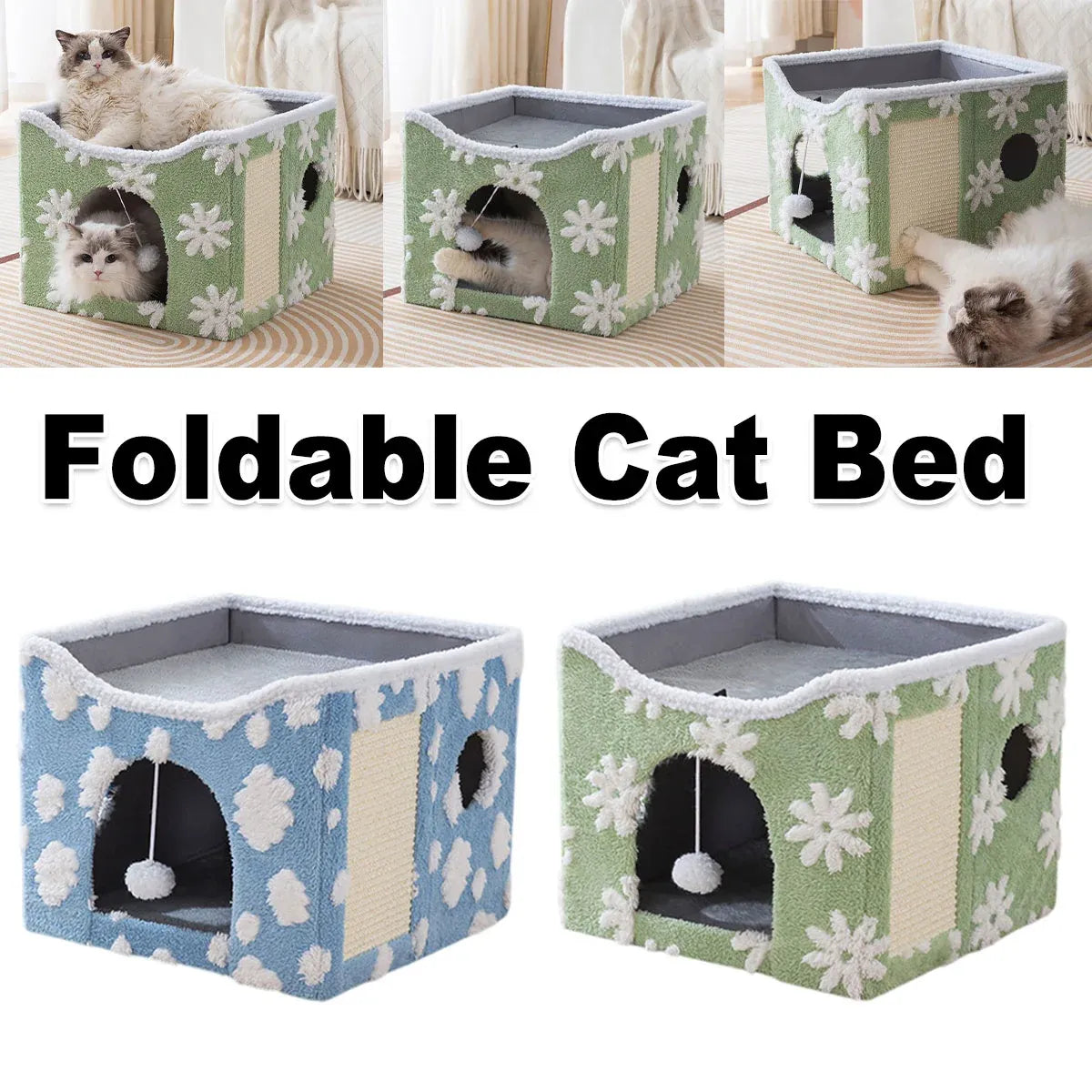 Cat Bed Foldable Double Layer Upper Lower Pet House Sleeping Nest Cushion - Green