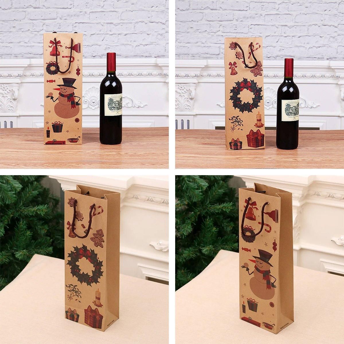 20PCS Christmas Wine Bottle Gift Bags Kraft Paper Red Wine Bag Holiday Set - Christmas Wreath
