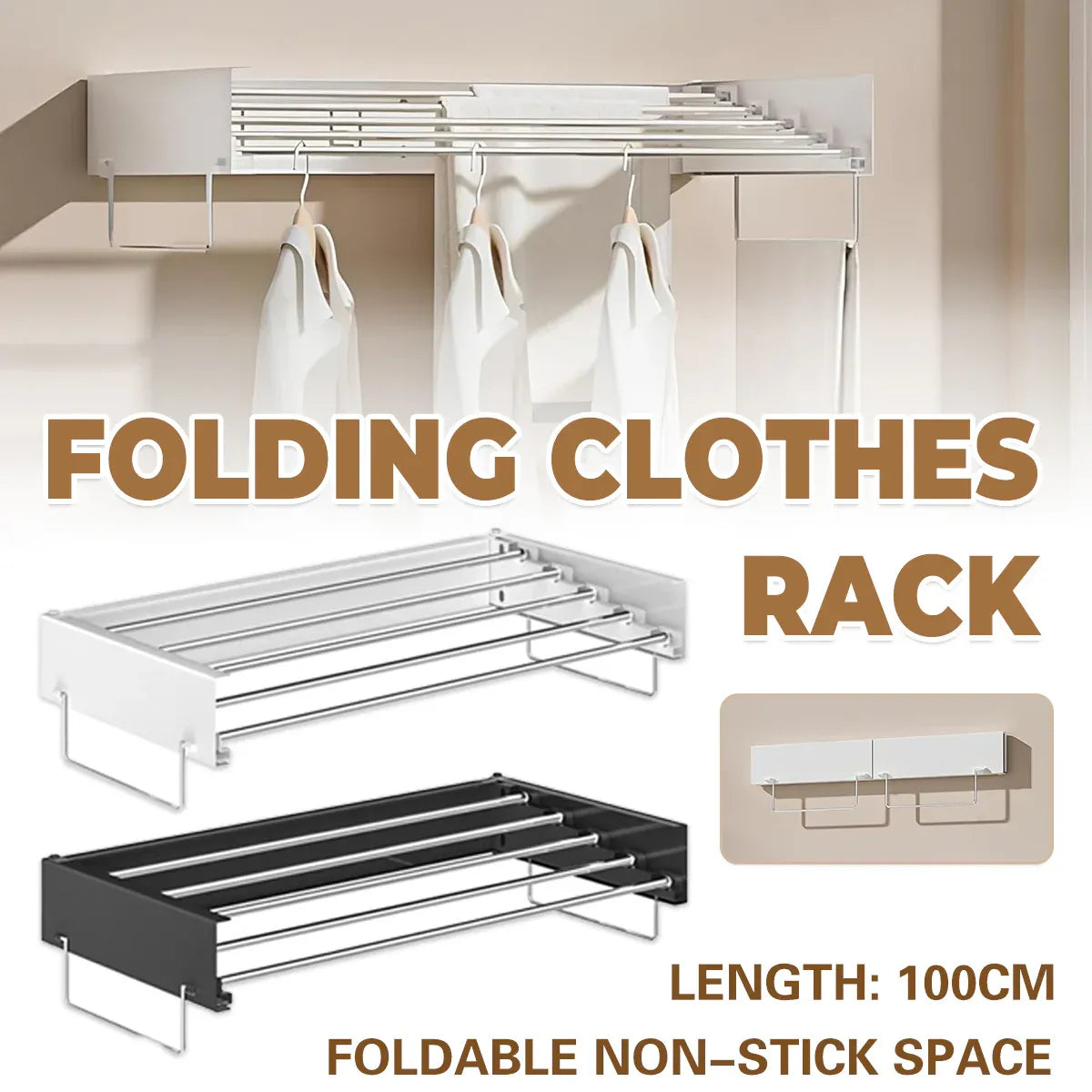 Wall Mount Foldable Clothes Drying Rack Sturdy Material Space Saving Balck/White - Black