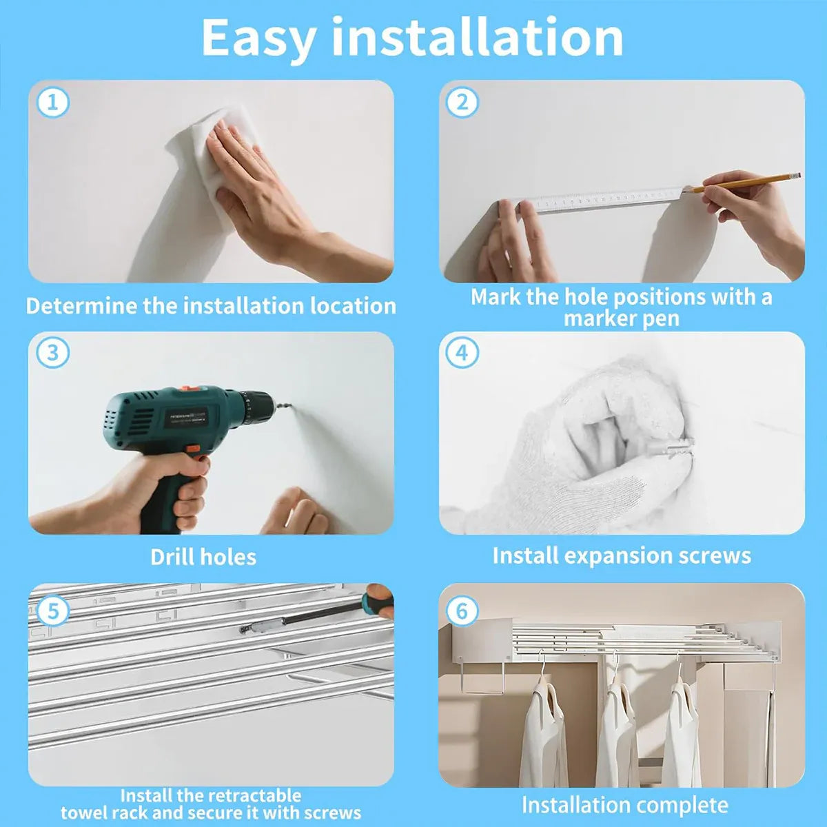 Wall Mount Foldable Clothes Drying Rack Sturdy Material Space Saving Balck/White - Black