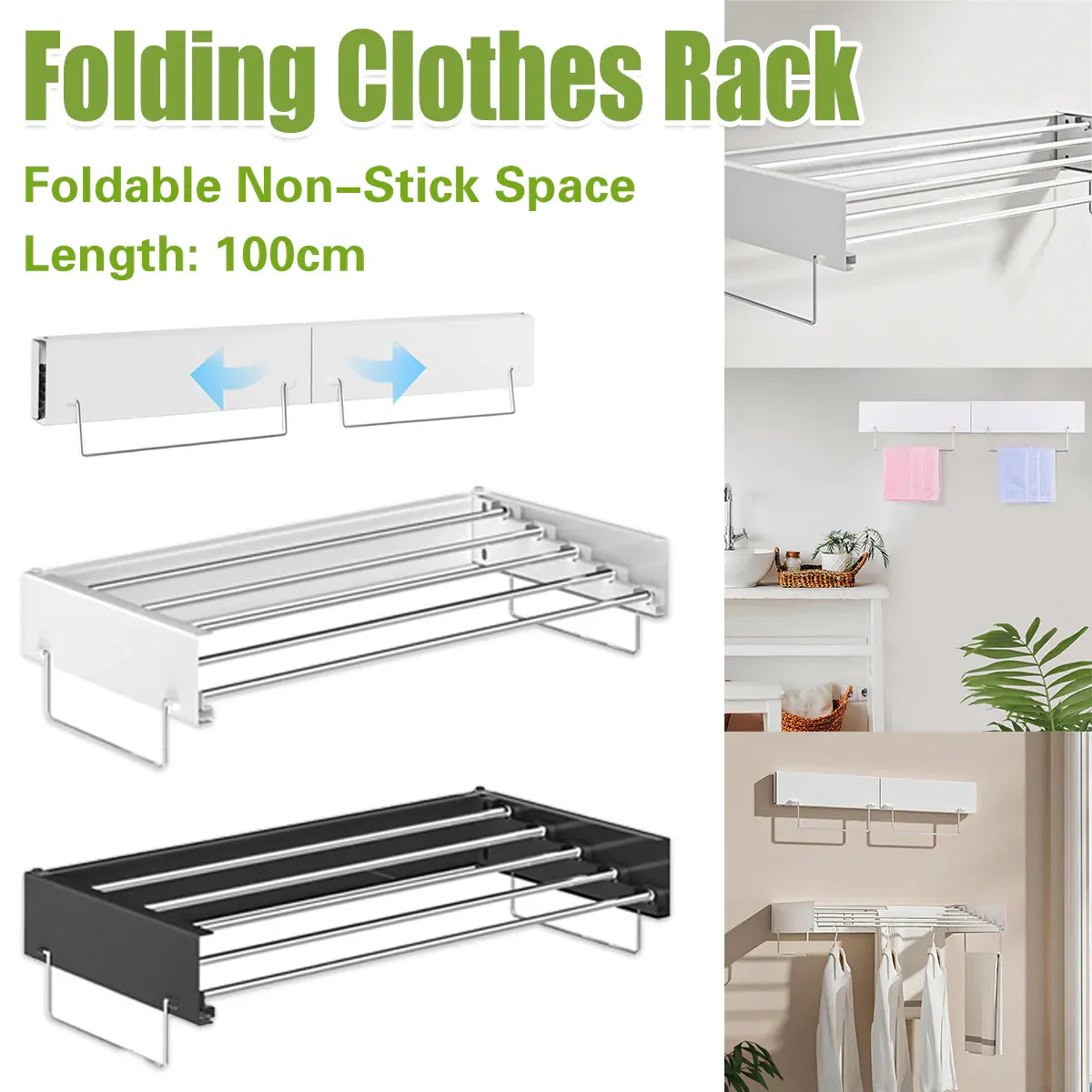 Wall Mount Foldable Clothes Drying Rack Sturdy Material Space Saving Balck/White - Black