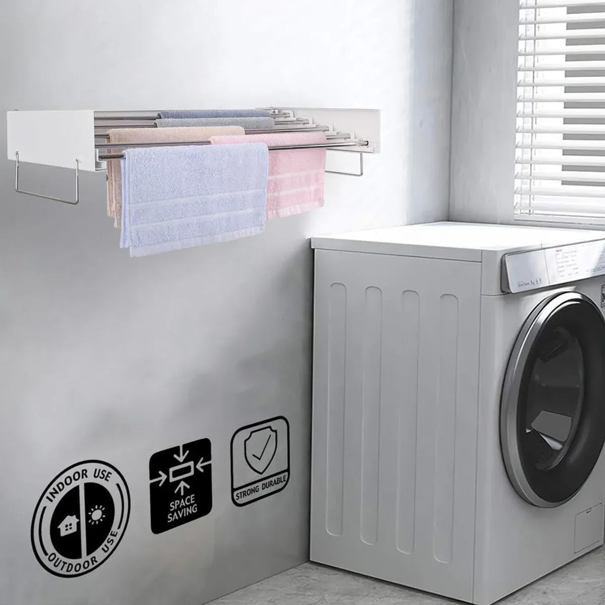 Wall Mount Foldable Clothes Drying Rack Sturdy Material Space Saving Balck/White - White