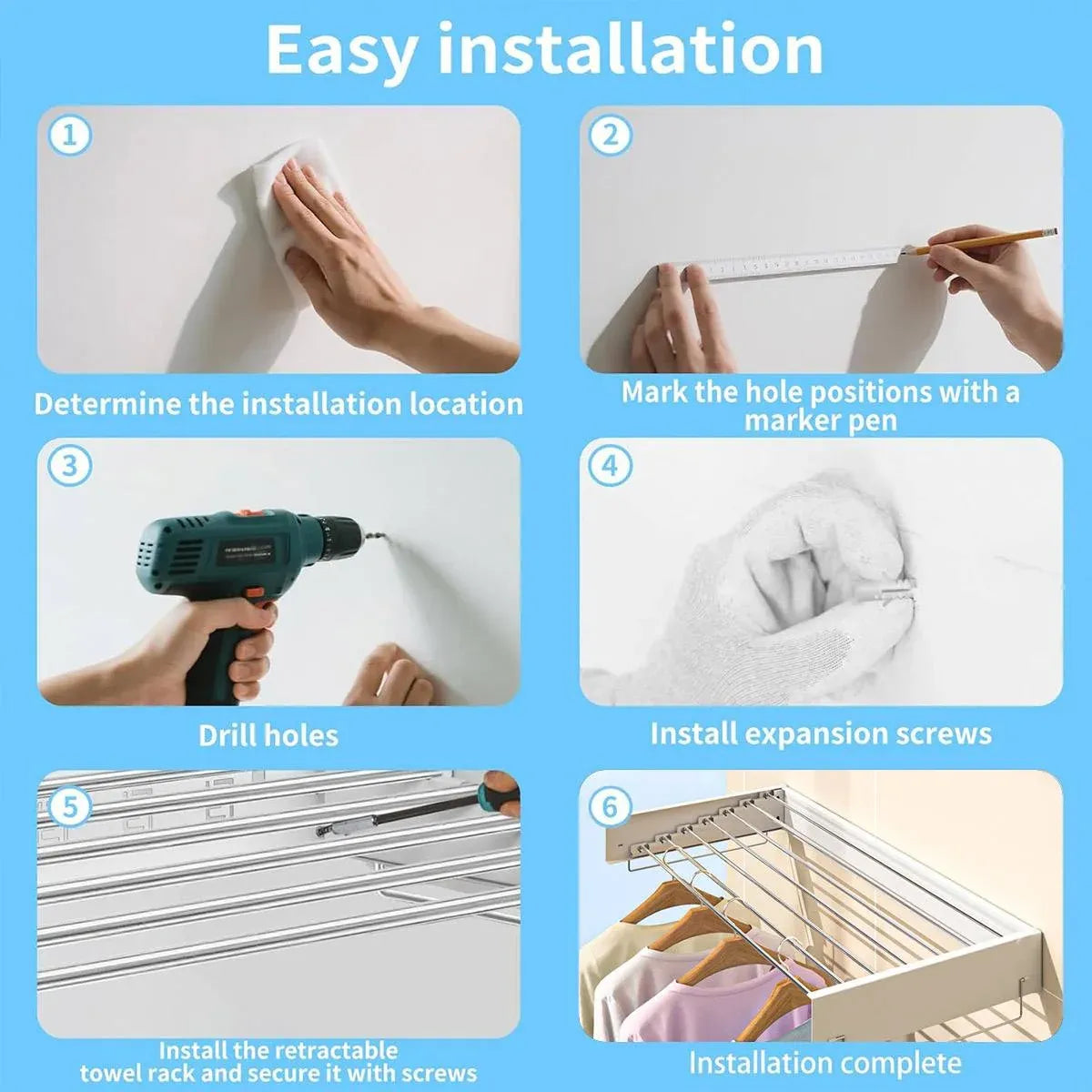 Invisible Wall Mounted Indoor Foldable Clothes Drying Rack Space Saving Home - Black