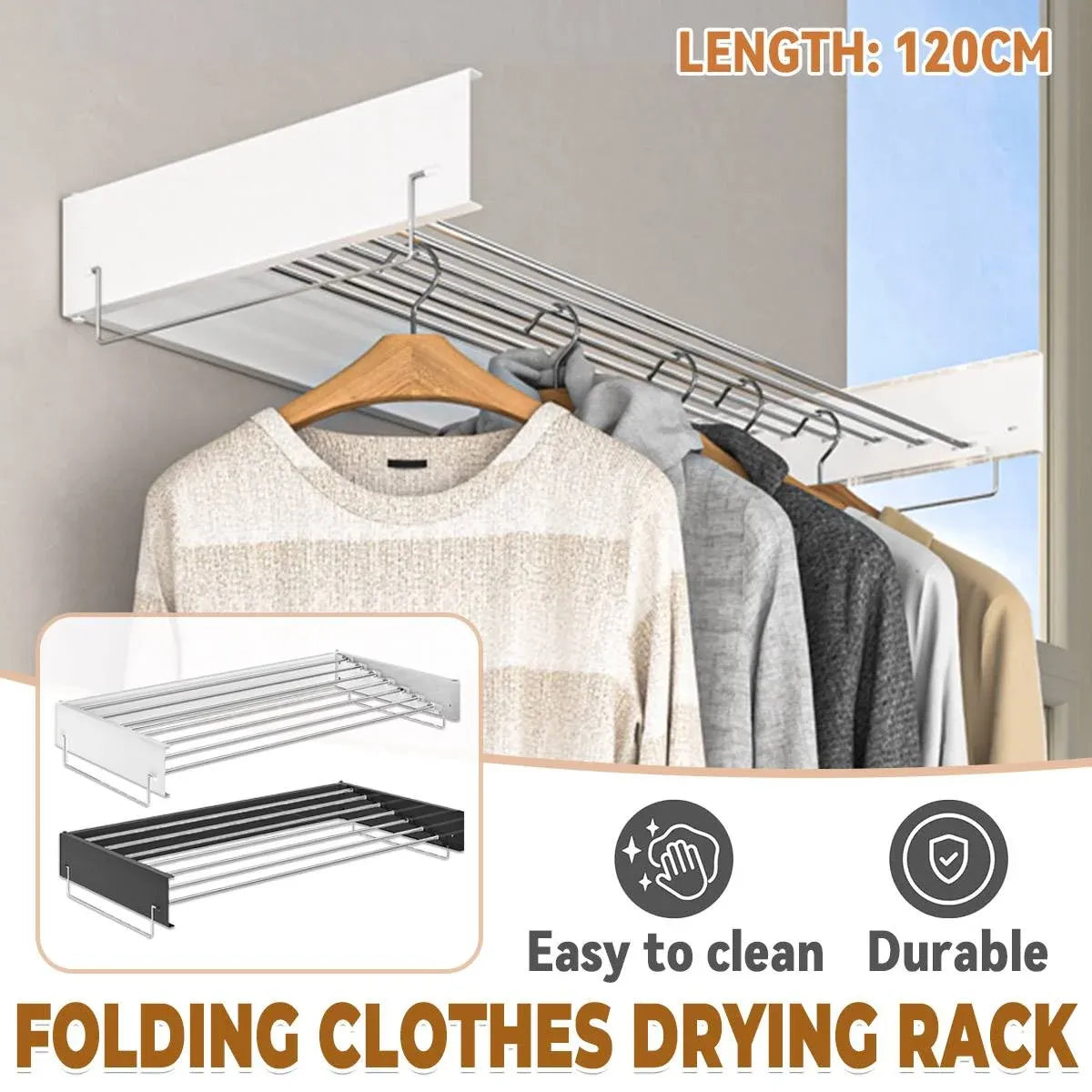 Invisible Wall Mounted Indoor Foldable Clothes Drying Rack Space Saving Home - White