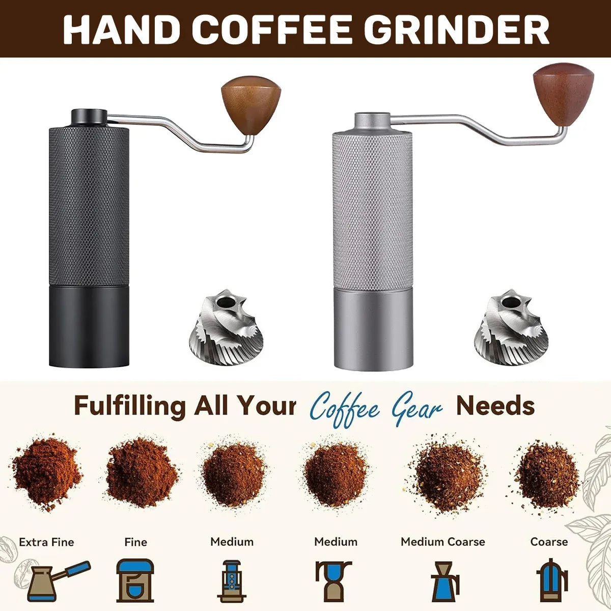 Hand Crank Coffee Grinder for Home Travel Stainless Steel Durable Easy Clean - Grey