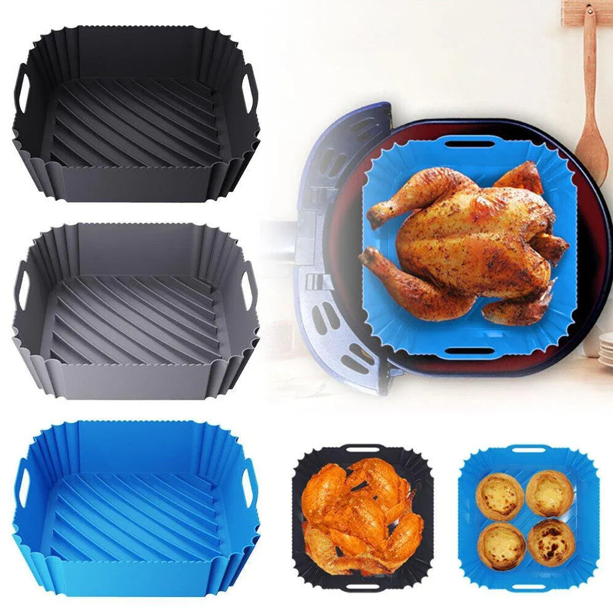Air Fryer Silicone Pot Basket Liner Non Stick Reusable Baking Tray Accessories - Grey