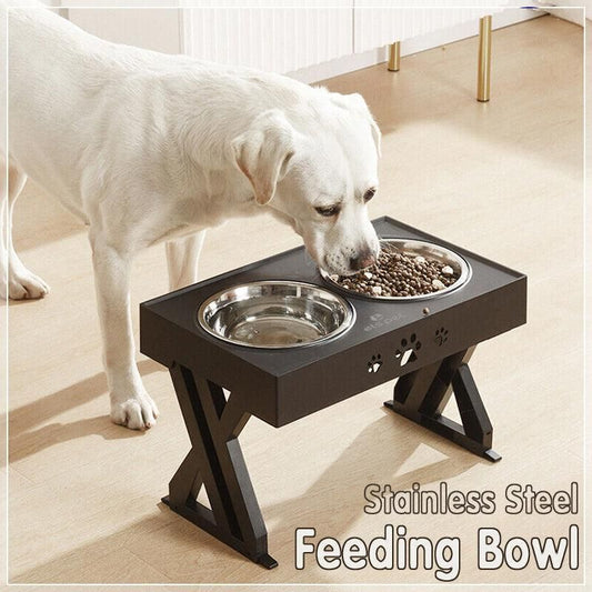 Elevated Pet Feeder Food Water Double Bowl Adjustable Height Raised Stand