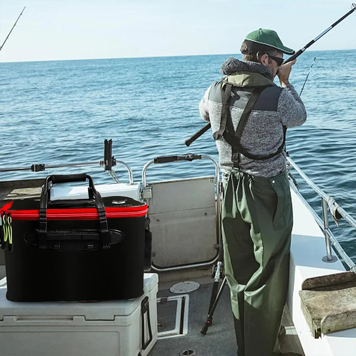 Portable Folding EVA Fishing Bucket Multi Use Live Fish Container with Strap - Black-45cm
