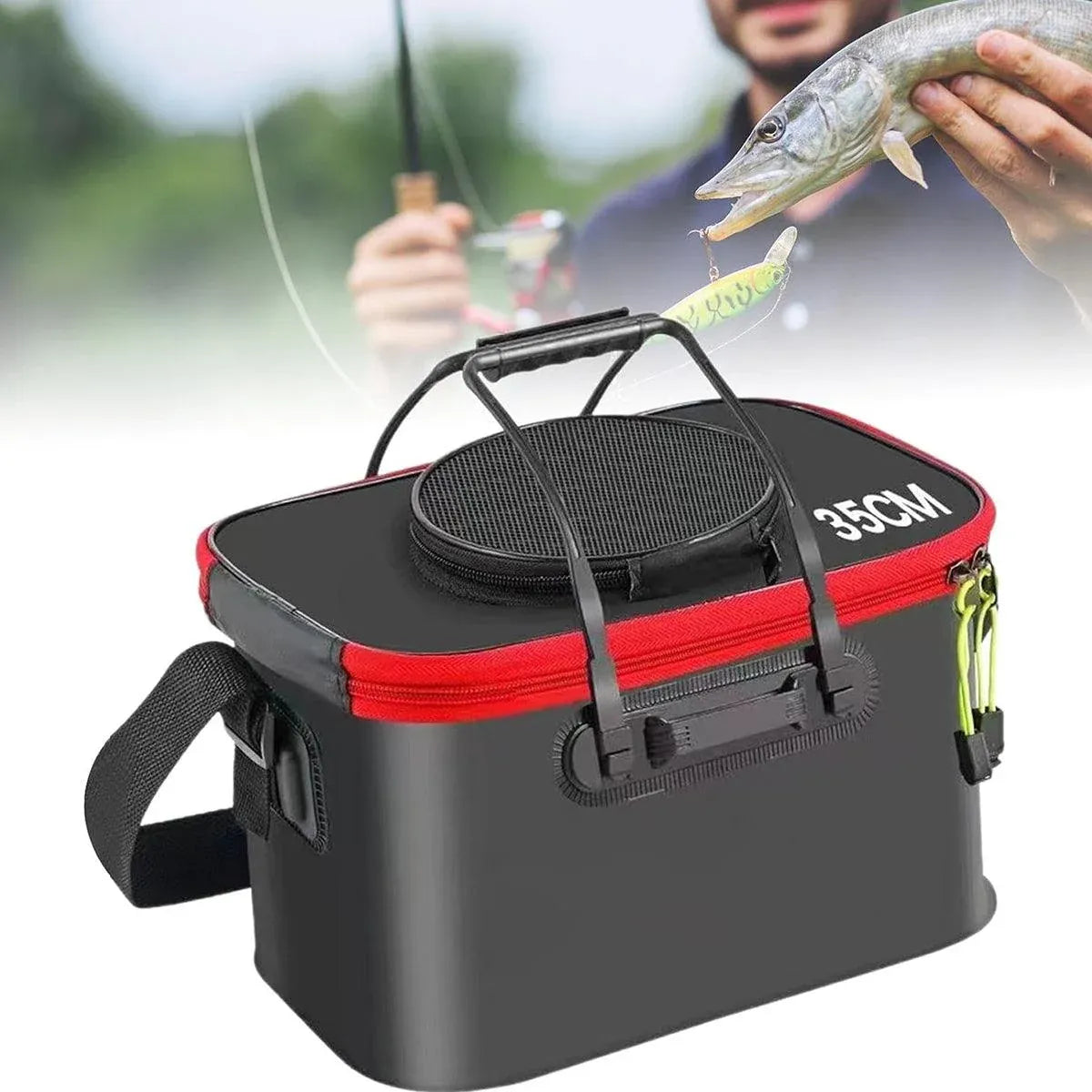 Portable Folding EVA Fishing Bucket Multi Use Live Fish Container with Strap - Orange-40cm