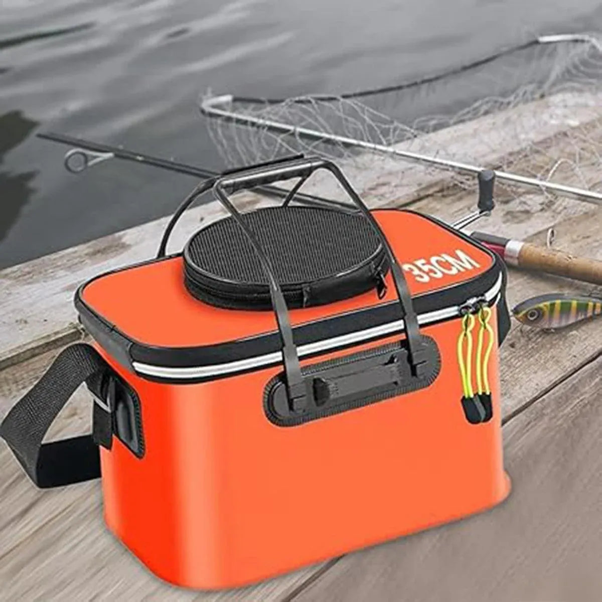 Portable Folding EVA Fishing Bucket Multi Use Live Fish Container with Strap - Orange-45cm