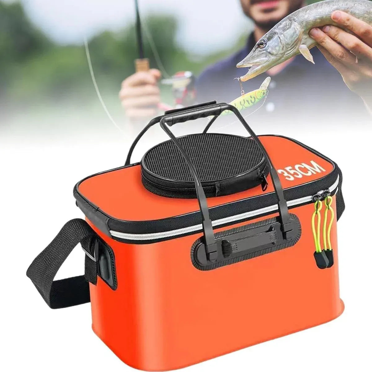 Portable Folding EVA Fishing Bucket Multi Use Live Fish Container with Strap - Orange-50cm