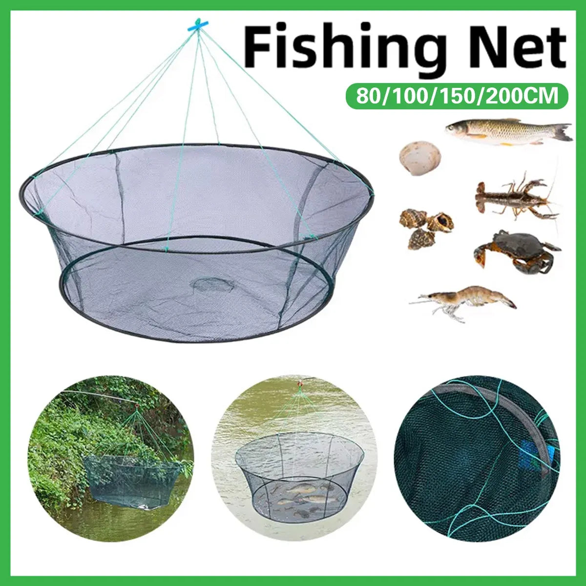 Open Folding Fishing Net Round Fishnet Portable Fish Pocket for Outdoor Angling - 80cm