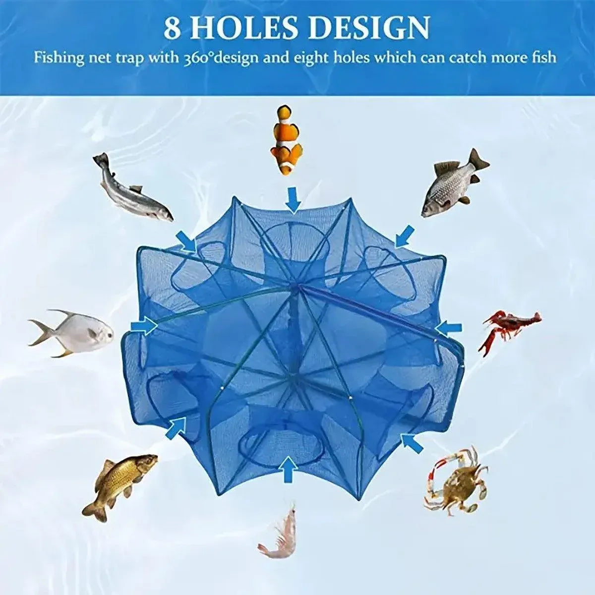 6/8/10 Holes Fishing Net Small Foldable Square Folding Shrimp Eel Lobster Trap - 10Holes