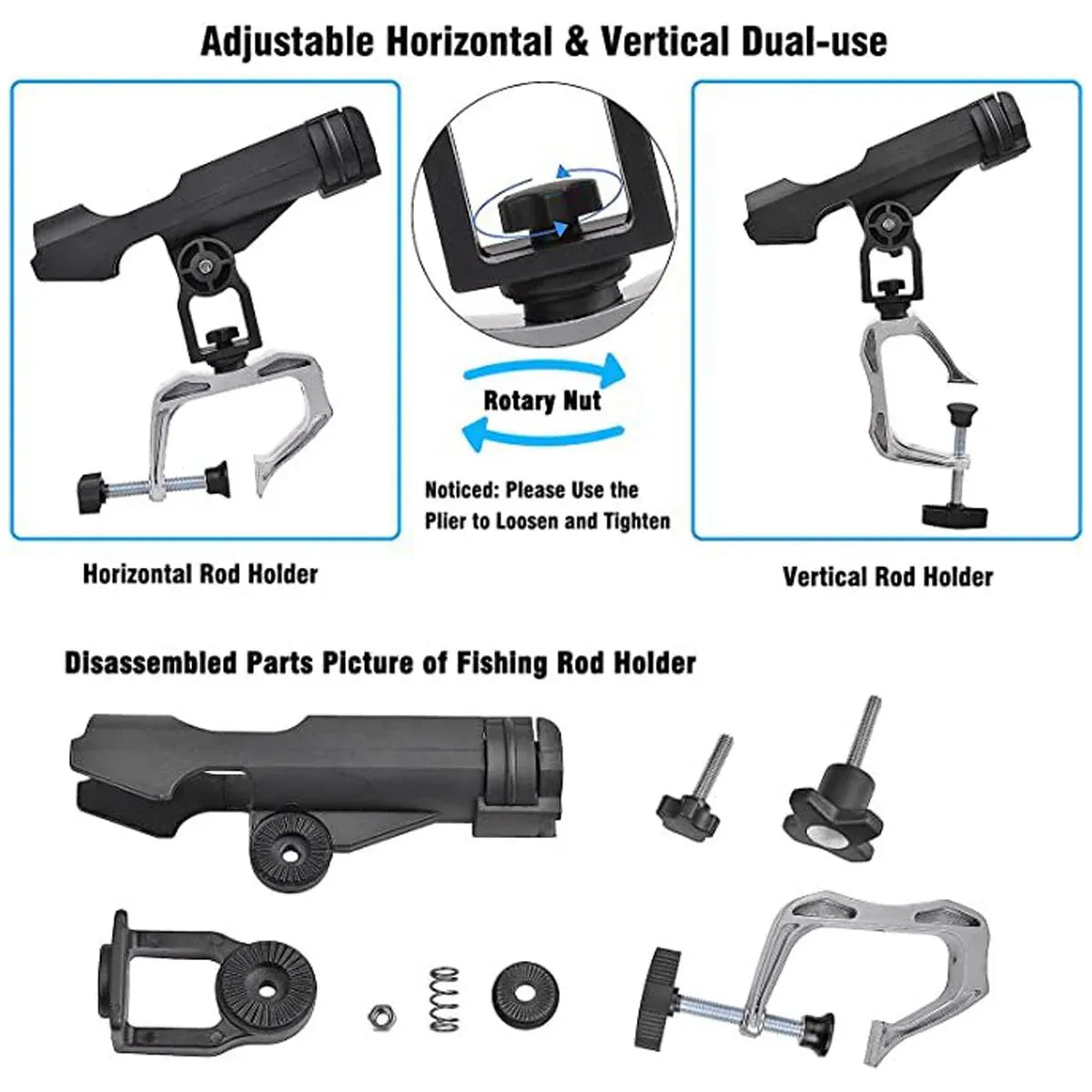Adjustable Rotating Fishing Rod Holder Mount for Kayak Canoe Boat Rail Clamp