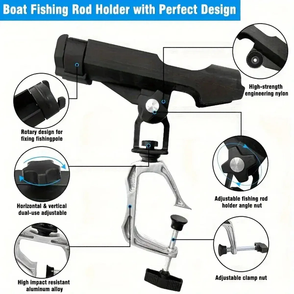 Adjustable Rotating Fishing Rod Holder Mount for Kayak Canoe Boat Rail Clamp