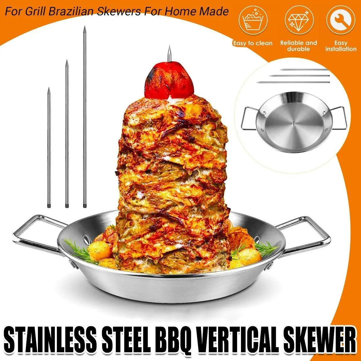 Stainless Steel BBQ Rotisserie Pan Kit Accessories with 3 Removable Iron Skewers