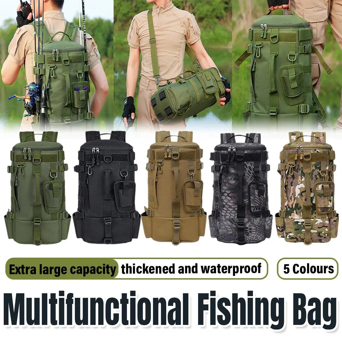 Waterproof Fishing Tackle Bag Large Capacity Multi Functional Shoulder Storage - Black