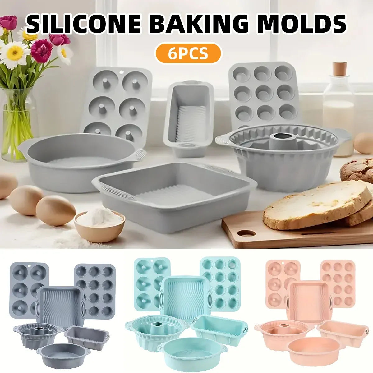 6PCS Silicone Cake Mould Set Baking Pans Nonstick Cupcake Cookie Tools Reusable - Pink