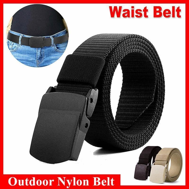 Canvas Web Belt Tactical Nylon Outdoor Waistband Mens Non Metal Buckle - Khaki