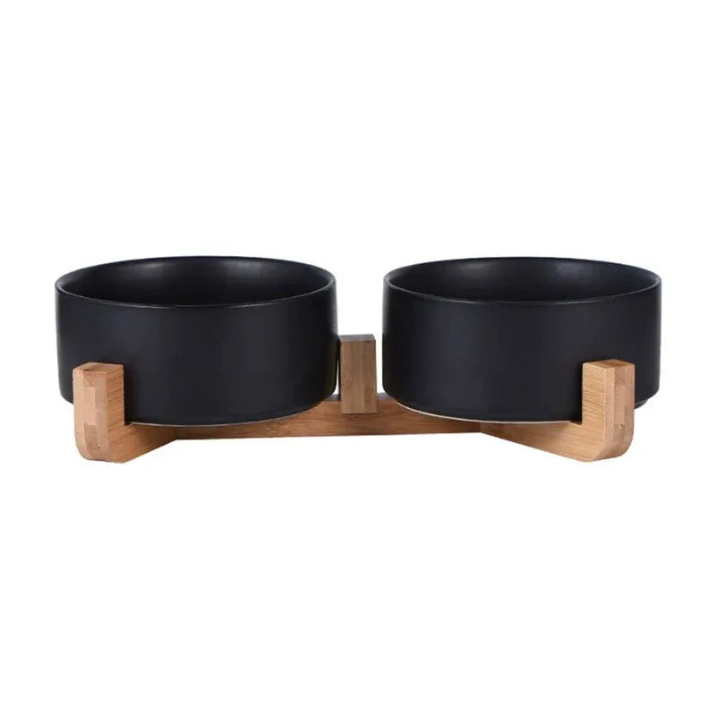 Ceramic Pet Bowl Double Cat Food Bowl Dog Water Bowl Feeding Drinking Bowl Set - Black