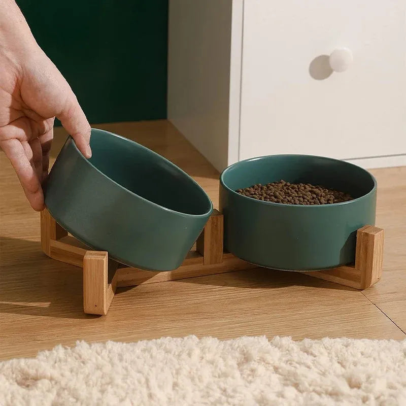 Ceramic Pet Bowl Double Cat Food Bowl Dog Water Bowl Feeding Drinking Bowl Set - Black
