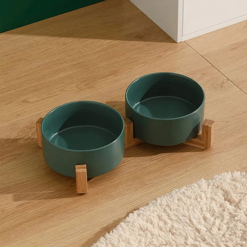 Ceramic Pet Bowl Double Cat Food Bowl Dog Water Bowl Feeding Drinking Bowl Set - Black
