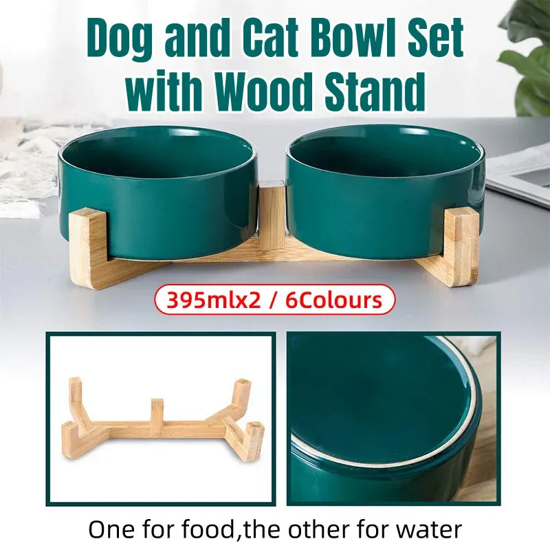 Ceramic Pet Bowl Double Cat Food Bowl Dog Water Bowl Feeding Drinking Bowl Set - Black