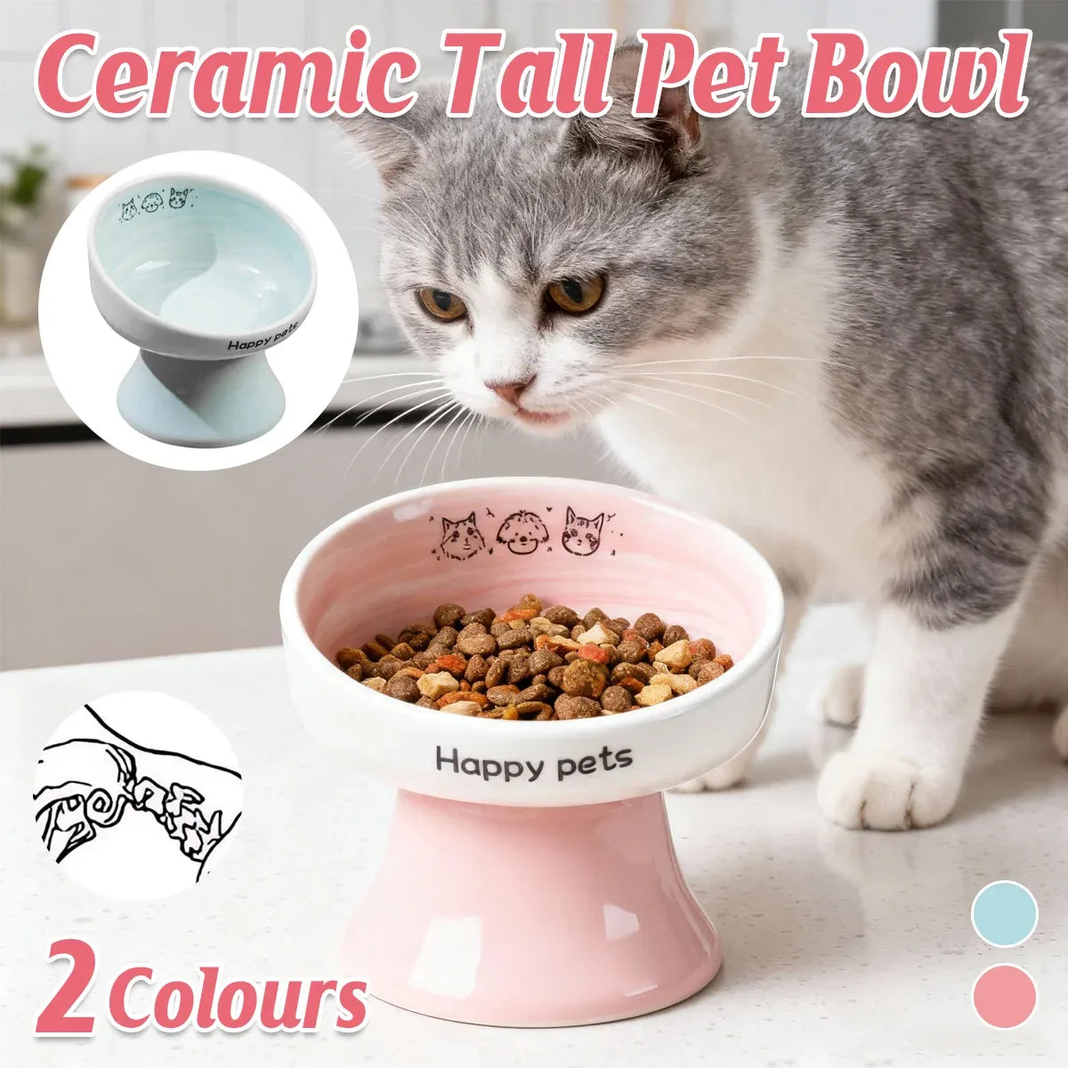 Tall Raised Ceramic Pet Bowl for Cats and Small Dogs in Blue or Pink - Blue