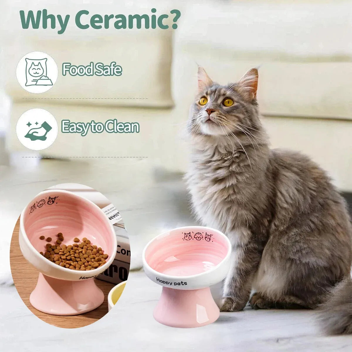 Tall Raised Ceramic Pet Bowl for Cats and Small Dogs in Blue or Pink - Blue