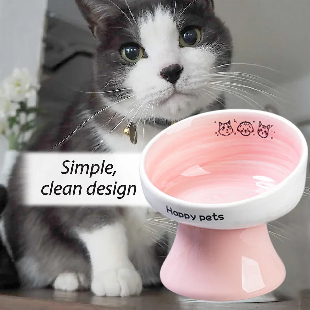 Tall Raised Ceramic Pet Bowl for Cats and Small Dogs in Blue or Pink - Blue