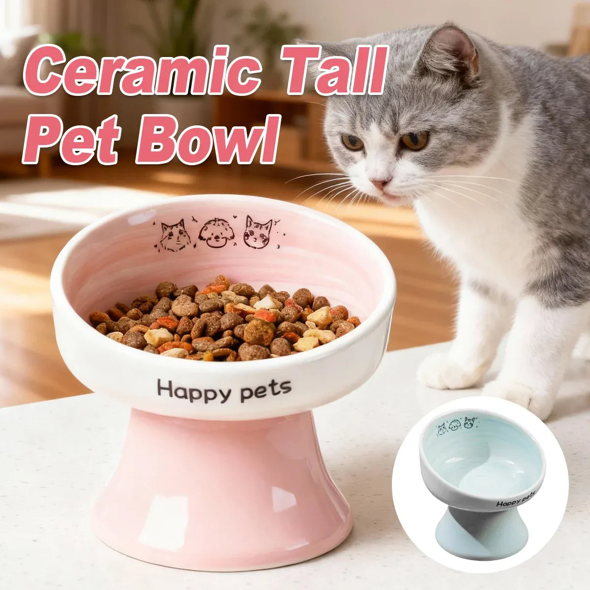 Tall Raised Ceramic Pet Bowl for Cats and Small Dogs in Blue or Pink - Blue