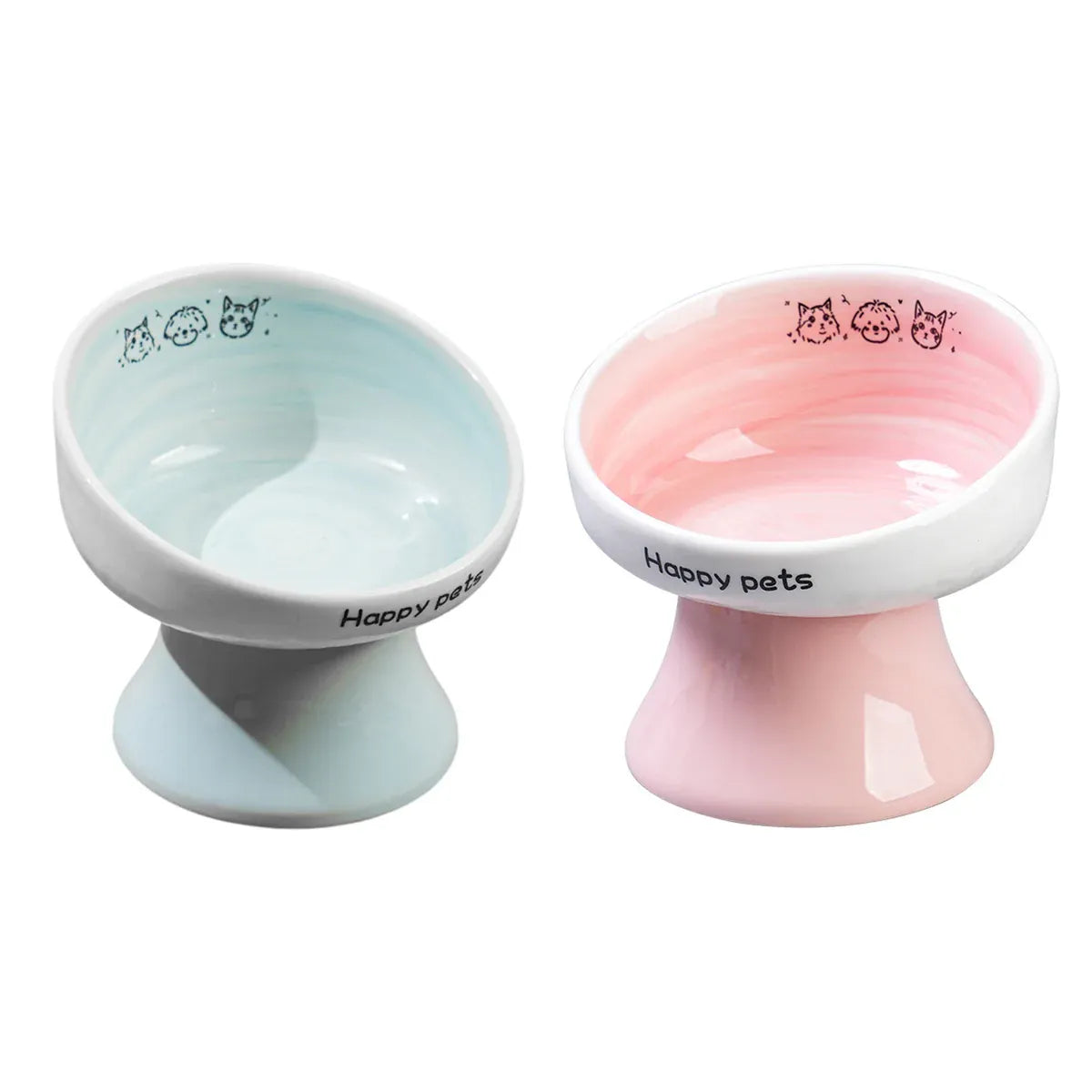 Tall Raised Ceramic Pet Bowl for Cats and Small Dogs in Blue or Pink - Pink