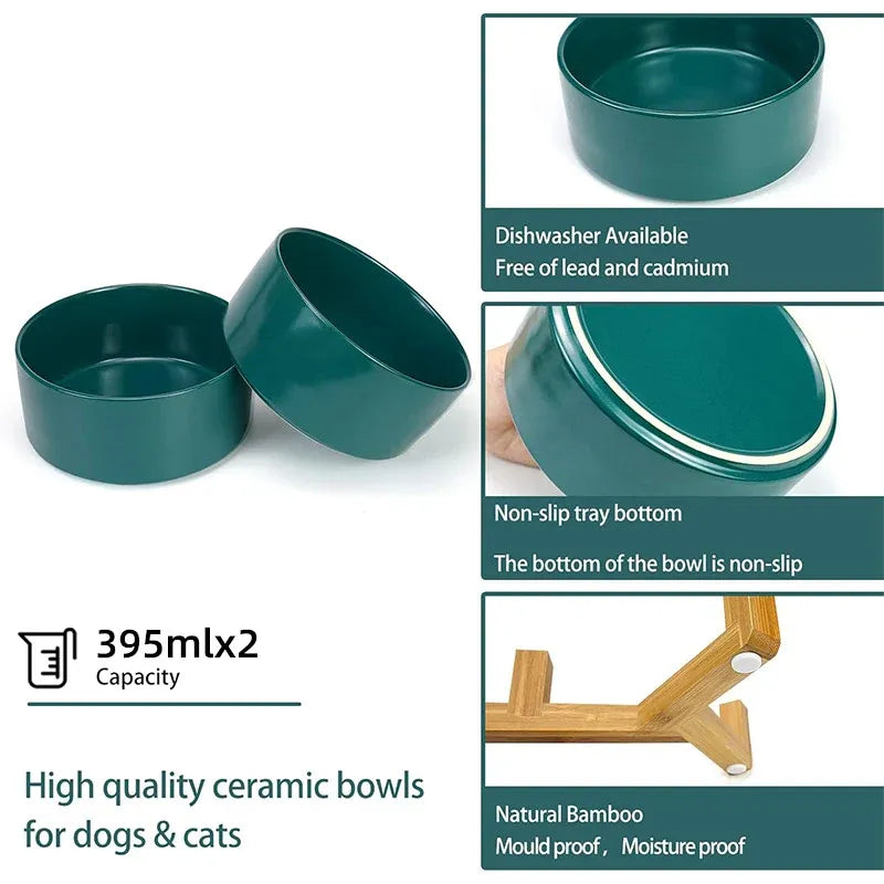 Ceramic Pet Bowl Double Cat Food Bowl Dog Water Bowl Feeding Drinking Bowl Set - White