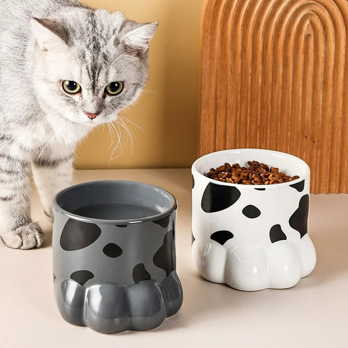 Ceramic Cat Food Bowl Cute Drinking Bowl for Pets Non Slip Food Water Dish Bowl - White