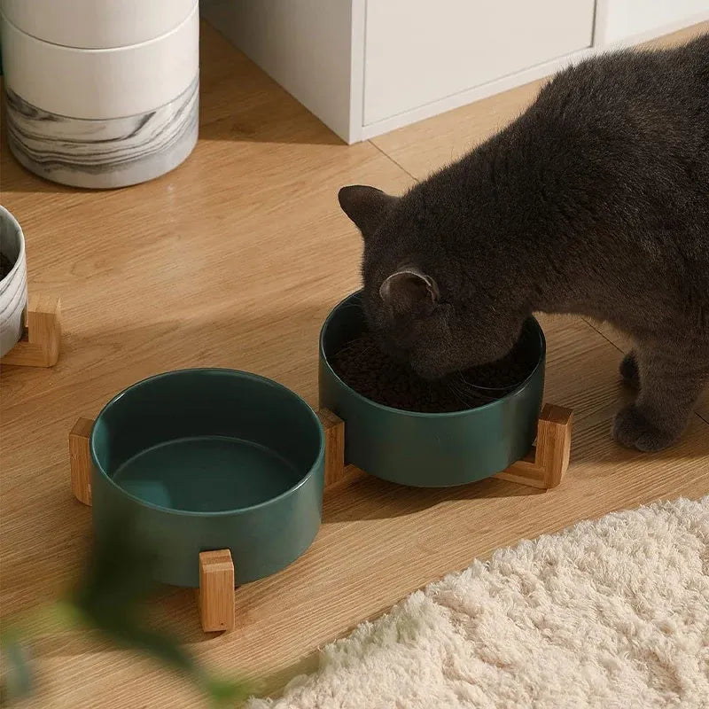 Ceramic Pet Bowl Double Cat Food Bowl Dog Water Bowl Feeding Drinking Bowl Set - Yellow