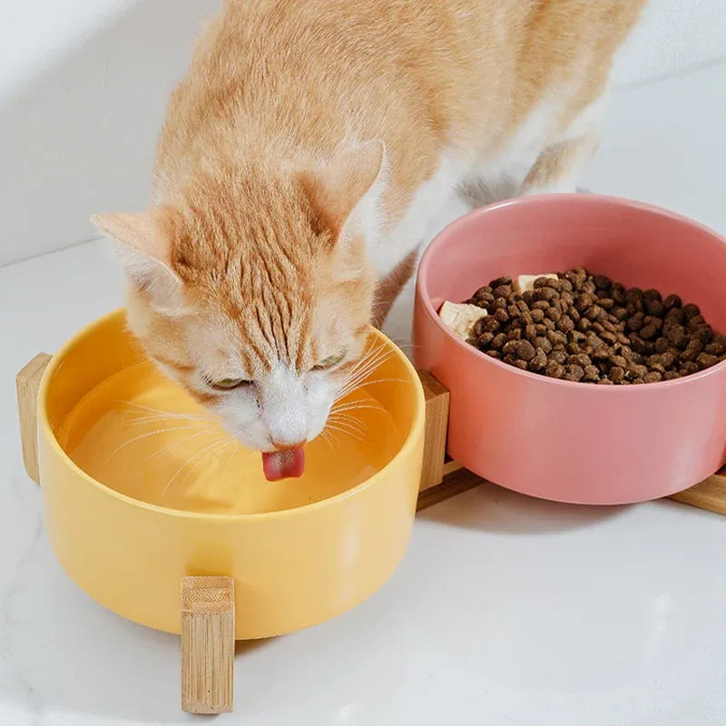 Ceramic Pet Bowl Double Cat Food Bowl Dog Water Bowl Feeding Drinking Bowl Set - Yellow