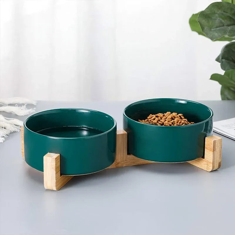 Ceramic Pet Bowl Double Cat Food Bowl Dog Water Bowl Feeding Drinking Bowl Set - Yellow