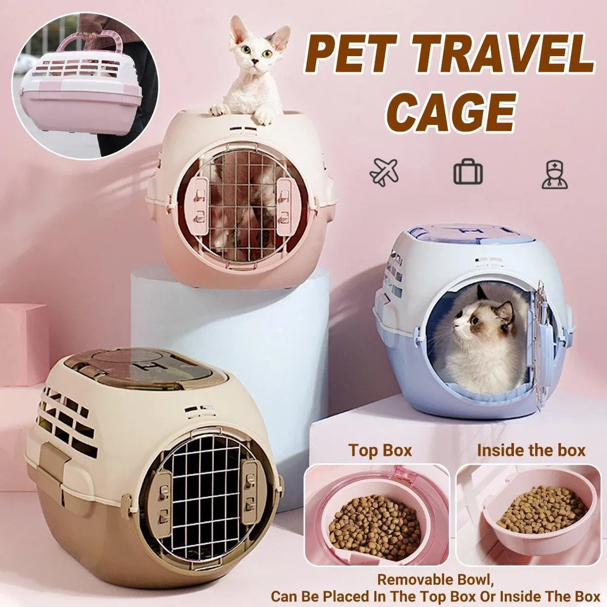 Dog and Cat Carrier Large Space Removable Sunroof Air Carrier for Pet Travel - Pink